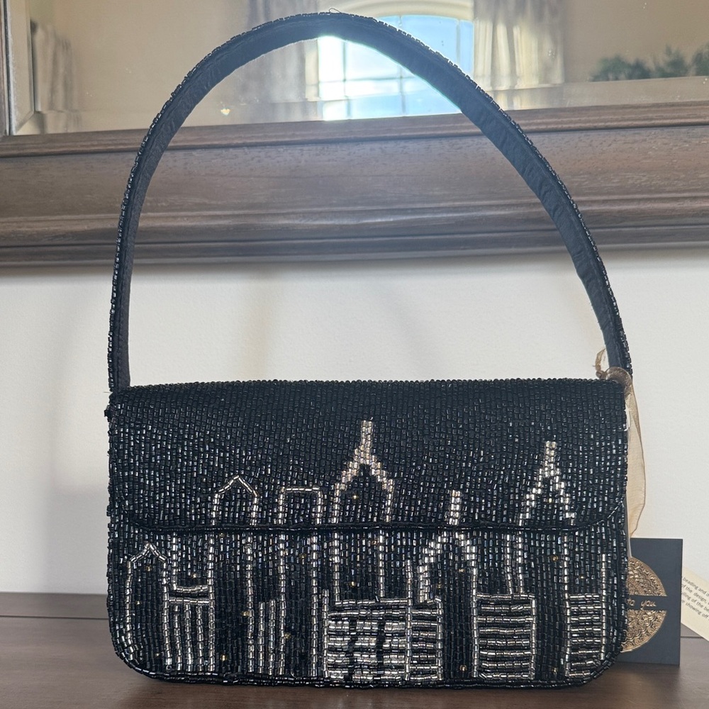 Beaded Black Shoulder Bag with Silver NY Skyline NEW WITH TAGS